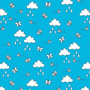 Blue Fabric with clouds bees and butterflies